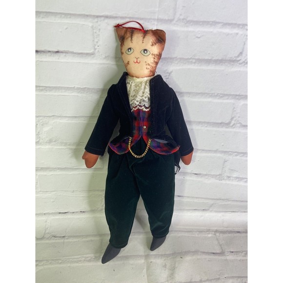 Vintage Anthropomorphic Cat Kitten Stuffed Plush Doll Fabric Velvet Dress Suit - Picture 1 of 7
